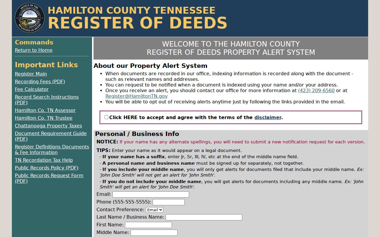 Hamilton County public records Property Alert registration form